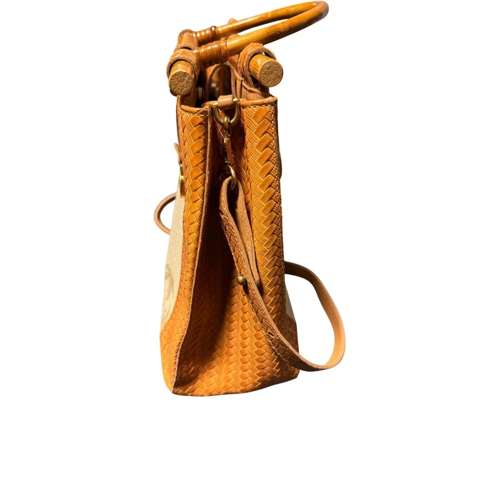 Brahmin Vintage Palm Tree Bamboo Handle Woven Leather Satchel Shoulder Bag Brown